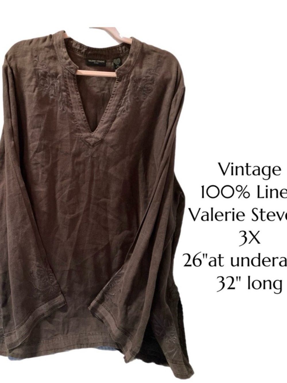 Valerie Stevens Brown Linen Embroidered V-Neck Tunic